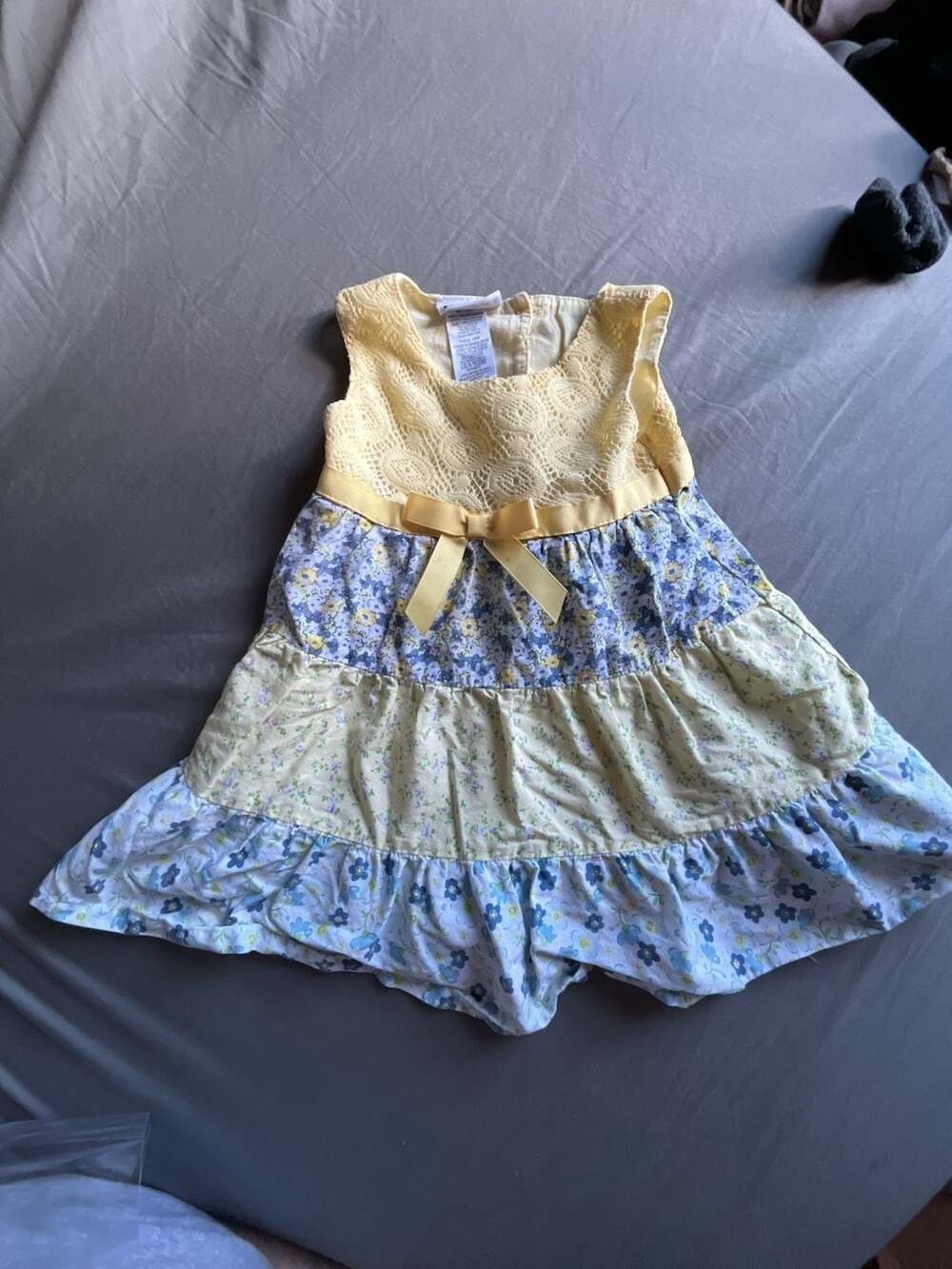 Blueberi Boulevard Yellow Crochet Lace Bodice Floral Patchwork Tiered Dress
